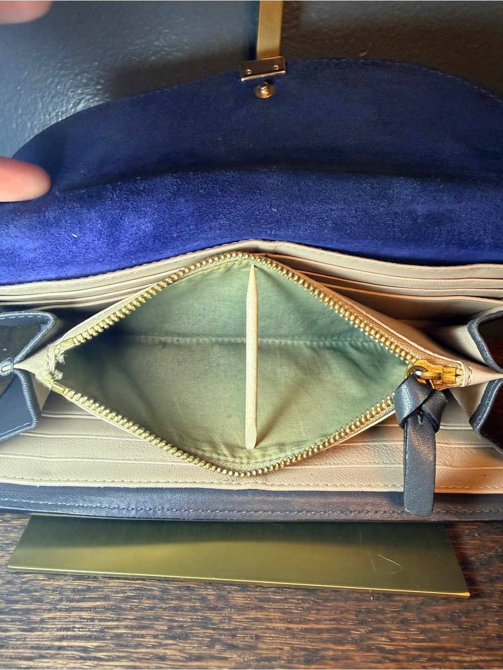 Chloe Navy and Gray Leather Double Flap Suede Wallet with Gold Hardware - Picture 8 of 14
